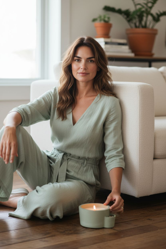 świeca sojowa w zielonym naczyniu gipsowym boho linia botanic glow oyka candle, zapach bergamotka i paczula modelka