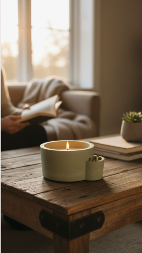 świeca sojowa w zielonym naczyniu gipsowym boho linia botanic glow oyka candle, zapach bergamotka i paczula